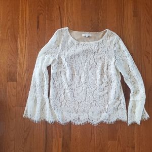 Sold---Rose Olive White lace top tan underlay. size small. long sleeve. elegant